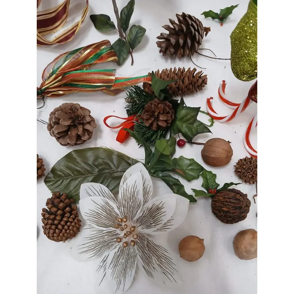 VNTG Christmas Decor Accessories Rose Pine cones Ribbons‎ Candycane Candles Nuts